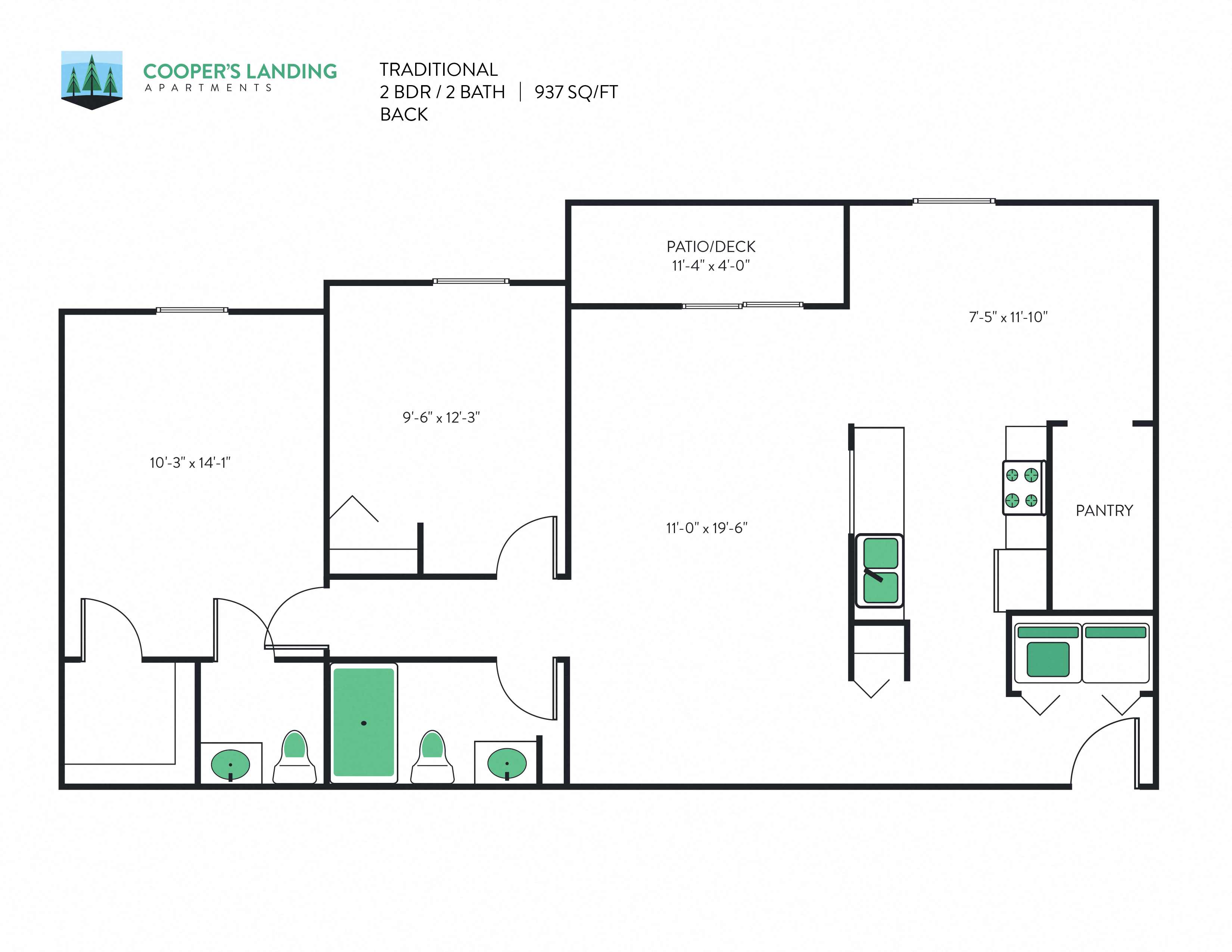Floor plan for 2 beds, 1.5 baths, 937 sqft